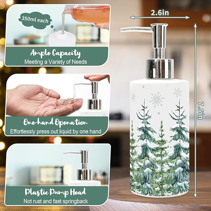 JarThenaAMCS Christmas Soap Dispenser Watercolor Xmas Tree Glass Hand Dispenser with Pump Refillable Liquid Soap Container for Winter Home Kitchen Bathroom Countertop