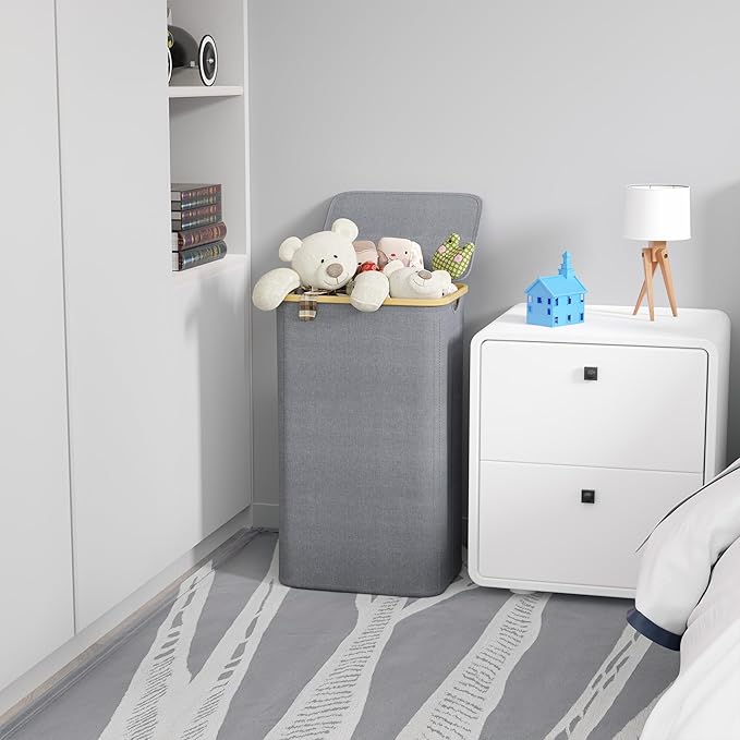 SUOCO Laundry Hamper with Lid, 29 Gal (110L) Clothes Basket with Bamboo Handles, Large Foldable Laundry Hamper for Bedroom, Bathroom, Dorm, Laundry Room - Grey