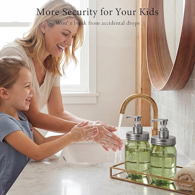 Amolliar Plastic Mason Jar Soap Dispenser with Pump Lid,16OZ Refillable BPA-Free Hand Soap Dispenser Set with Cute Lables, Farmhouse Decor for Kitchen/Bathroom, Liquid Dish Soap, Lotion(2 Pack, Green)