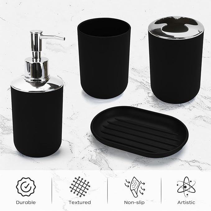 4 Pcs Bathroom Accessories Set,Bohemian Bathroom Toothbrush Holder Set.Include Soap Dispenser, Soap Dish, Toothbrush Holder, Mouthwash Cup, Modern Bahtroom Decor Set (Black, 4Pcs)