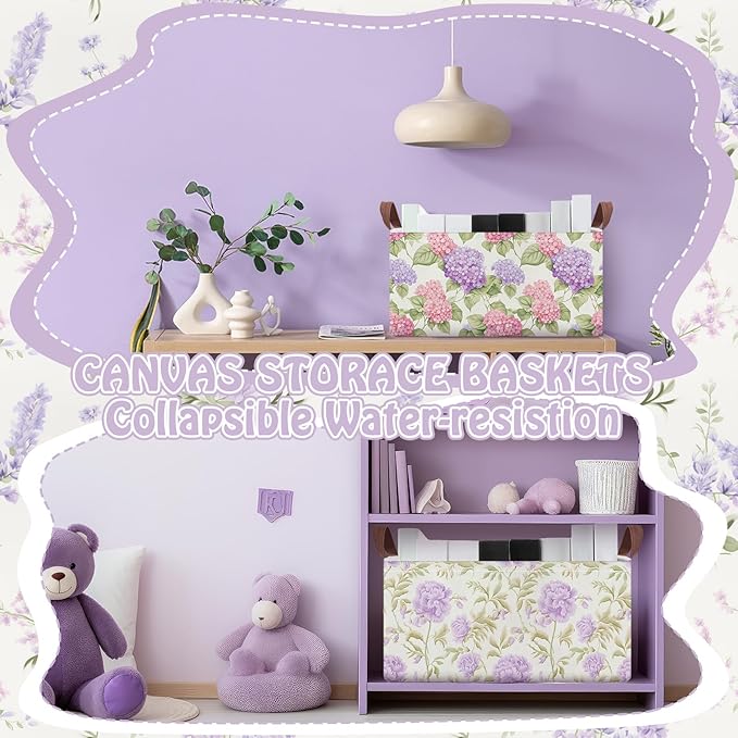 Boao 3 Pcs Purple Floral Storage Bin Wildflowers Collapsible Large Storage Baskets for Gifts Canvas Laundry Basket Foldable Box with Handle for Office Home Bedroom Clothes
