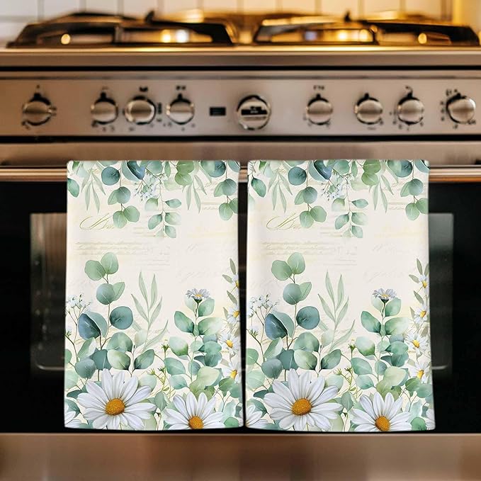 Kitchen Towels Set of 4, Green Eucalyptus Leaves Soft Microfiber Dish Towels, Daisy Summer Botanical Farmhouse Absorbent Quick-Dry Washable Dishcloths for Kitchen Cleaning, Drying Dishes, 18x28 Inches