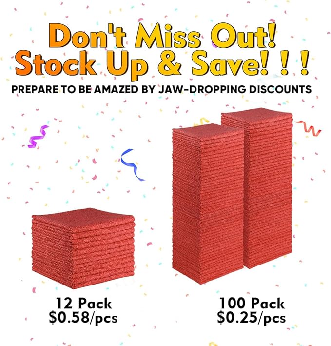 HOMEXCEL Red Shop Towels 100 Pack, Reusable Microfiber Cleaning Cloth Bulk, Multipurpose Microfiber Towels for Cars, House and Kitchen, Highly Absorbent Cleaning Rags 11.5 x 11.5 inch