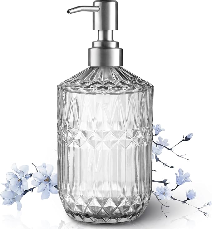 13 Oz Refillable Soap Dispenser, Glass Soap Dispenser for Dispense Hand Soap, Dish Soap, Lotion (Clear)