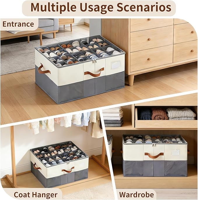 1 Pack Shoe Organizer for Closet Fit 12-24 Pairs with Adjustable Dividers, Large Foldable Shoe Storage Containers Box Bin w with Clear Lid and 4 Handles,with 2 mesh pockets,with Category Lable