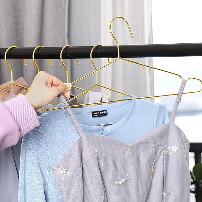 Clothes Hangers 50 Pack Coat Hangers Wire Hangars Bulk Metal Hanger Non Slip Heavy Duty Clothing Hangar Space Saving Thin Hangars Stainless Steel Hanger for Clothes, 16.5 Inch Gold