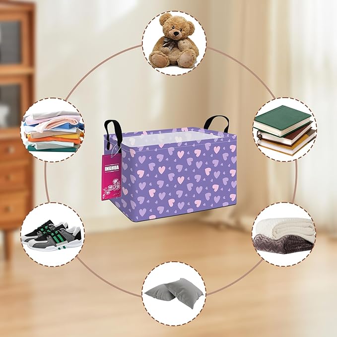 Rectangular Storage Basket Fabric Organizer Bin for Toys,Books,Clothes,Gifts,Pets-Perfect for Home,Office,Nursery,Dorm,Shelf(Rec-Purple hearts)