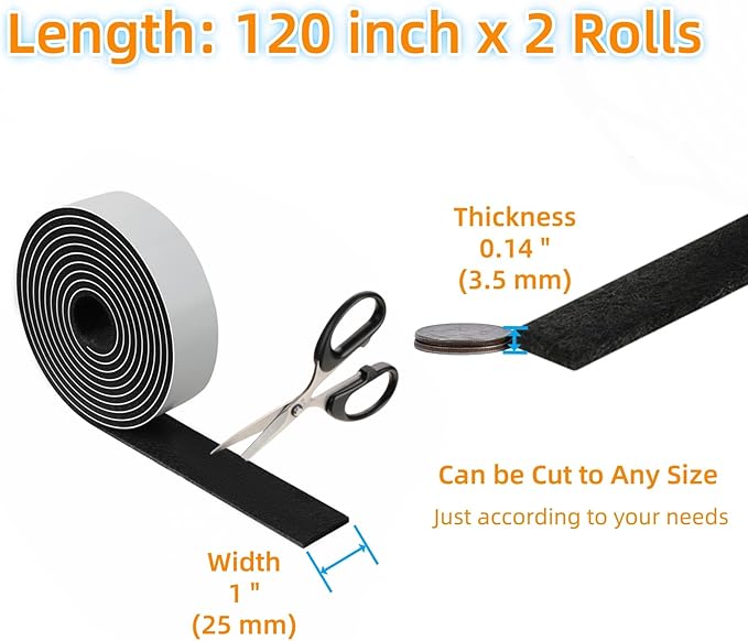 Felt Strips with Adhesive Backing – Furnigear Heavy Duty Cuttable Felt Tape Roll Furniture Pads for Chair Legs - Protecting Hardwood Floors, Chair Wall Protector (Black, 120 x 1 x 0.14 Inch)