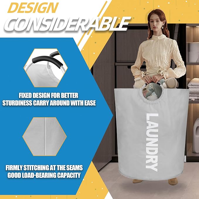 160L Large Laundry Basket, Collapsible Laundry Hamper with Padded Handles, Waterproof Laundry Bag, Tall Clothes Hamper Stand Up Well, Foldable Laundry Baskets for Easy Storage(Light Grey)