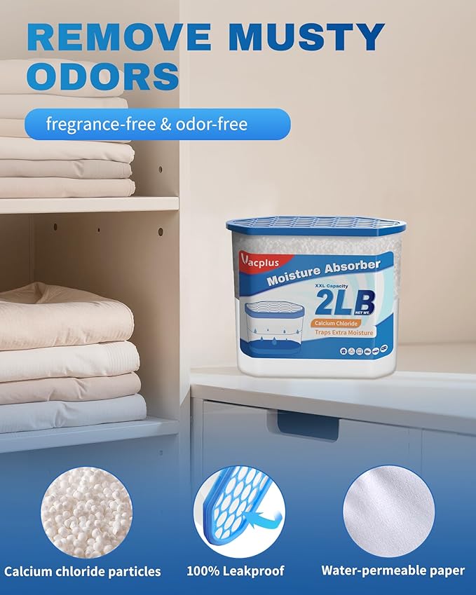 Vacplus Moisture Absorber Buckets – Large Capacity Dehumidifier and Humidity Absorber for Closet, Basement, Bathroom, RV, and Storage Areas, Unscented, 2 lbs, 6 Pack