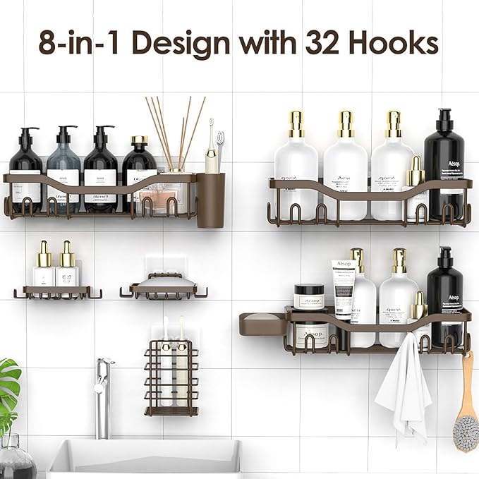Shower Caddy Adhesive Shower Organizer 8-Pack, Rustproof Stainless Steel Bathroom Shelves, Large Capacity No-Drill Rack Storage Accessories with Soap Dish Toothbrush Holder Hooks