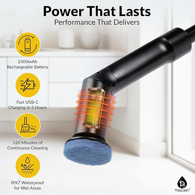 Pursonic Electric Spin Scrubber – Cordless Cleaning Tool with 8 Brush Heads, Heavy Duty Bathroom Tile Cleaner & Floor Scrubber for Tub, Sink, Wall, Kitchen, Car & Household Cleaning