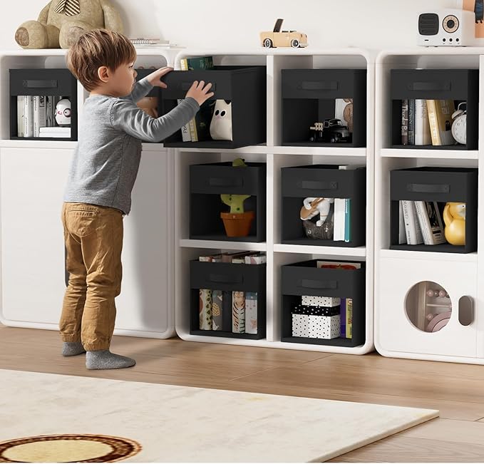 DIMJ Cube Bins, 6 Packs Fabric Storage Cubes with Clear Window, Storage Bins with Handles, Storage Baskets for Organizing Living Room, Bedroom, Office, Black
