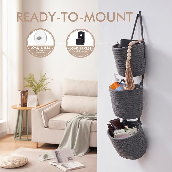 Fabric Wall Hanging Organizers - Small Woven Baskets Pouches Set Boho Style Wall Mounted Bag with Adhesive Hook, Storage Decoration Pocket Caddy for Closet Playroom RV Nursery (Gray & Black)
