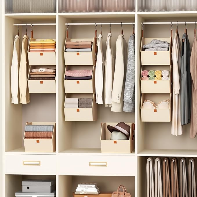 Collapsible Hanging Closet Organizer - 3 Tier Closet Shelves Storage System with Hooks, Fabric Hanging Storage Bins for Clothes, Foldable Storage Basket for Laundry, Bedroom, Rv, Beige