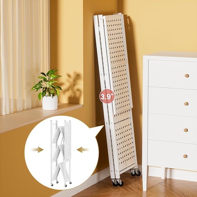 ALANNG Heavy Duty 4-Tier Folding Shelf with Wheels, No Tools Assembly Metal Storage Rack Cart, 264LBS Capacity for Kitchen, Pantry, Laundry Room, Garage, (White, 2PACK)
