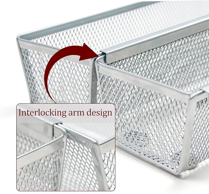 2PCS Drawer Organizer, Mesh Drawer Organizer with Interlocking Arm for Utensil, Cosmetic, Flatware, Pen (9 * 3 * 2 Inches, Grey)
