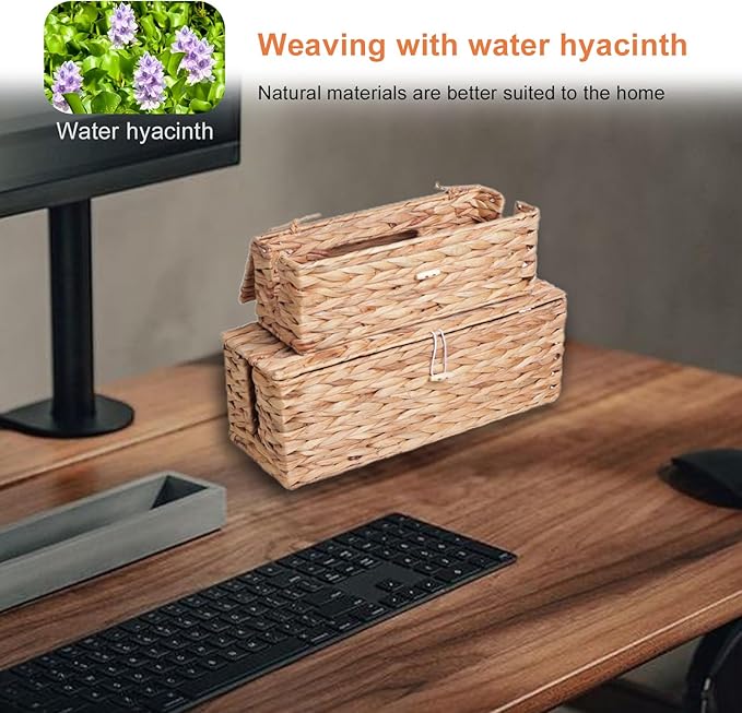 Cable Management Box, Handwoven Water Hyacinth Cable Organizer Box Set, 2-Pack Natural Water Hyacinth Cord Hider Box with Dual Openings & Lid - Hide Power Strips, Cords for Desk/Floor/Office