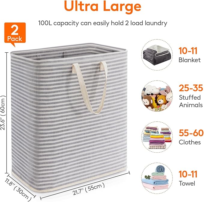 Lifewit 2 Pack Laundry Hamper Large Collapsible Laundry Baskets, Freestanding Waterproof Clothes Hamper with Easy Carry Handles in Laundry Room Bedroom Bathroom College Dorm, Grey, 2 x 100L