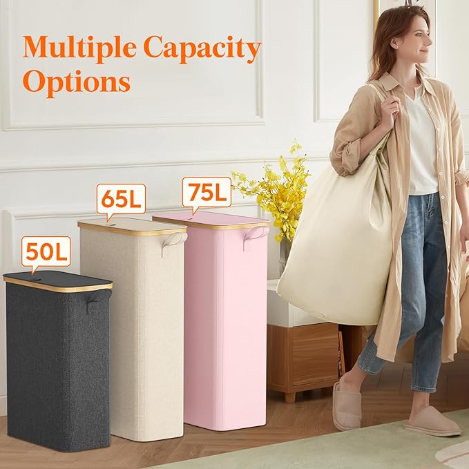 Lifewit 75L Slim Laundry Hamper with Lid, Narrow Laundry Basket with Removable Bag & Bamboo Handles, Fodable Thin Dirty Clothes Hamper for Laundry Collapsible Bin for Bathroom Bedroom Dorm, Pink