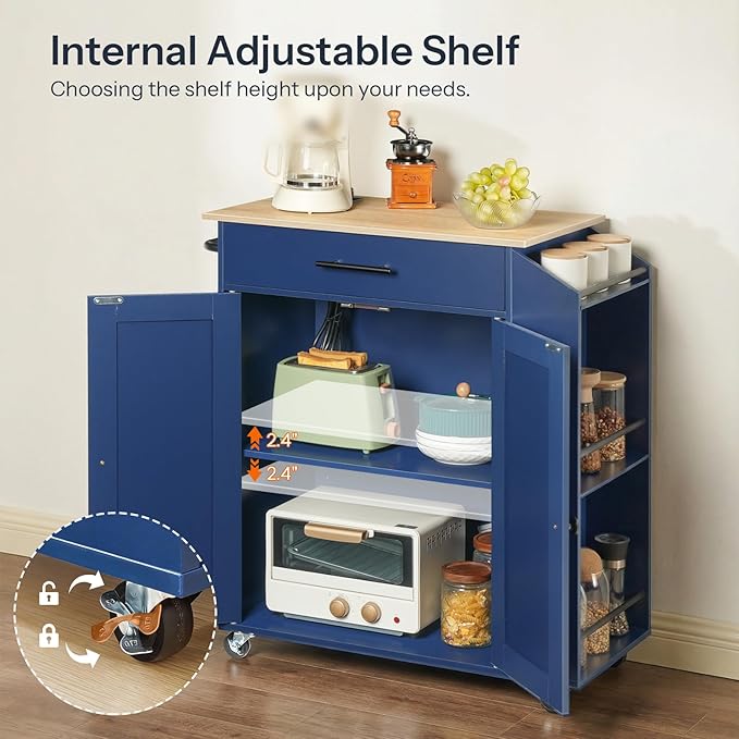 HOOBRO Kitchen Island with Power Outlet, Kitchen Storage Island with Spice Rack and Drawer, Rolling Kitchen on Wheels, for Home, Dining Room, Natural and Blue UN82UZD01G1