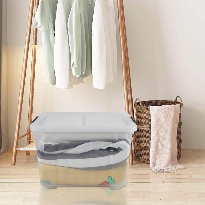 Haodehen 50 Quart Clear Storage Container with Lids and Wheels, 4-Pack Clear Plastic Latching Bins