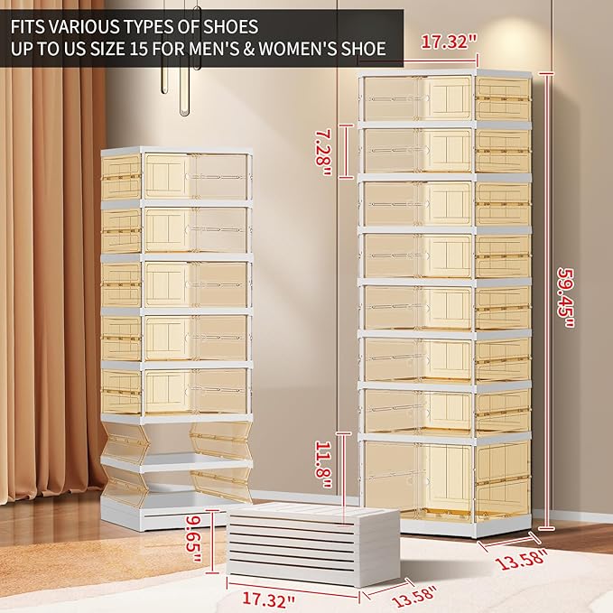 EHAMILY 8 Tiers 8-16 Pairs Foldable Shoe Boxes Large Plastic Shoe Storage Rack Collapsible Shoe Organizer for Closet Tall Shoe Shelf Clear Stackable Shoes Cabinet with Doors Entryway