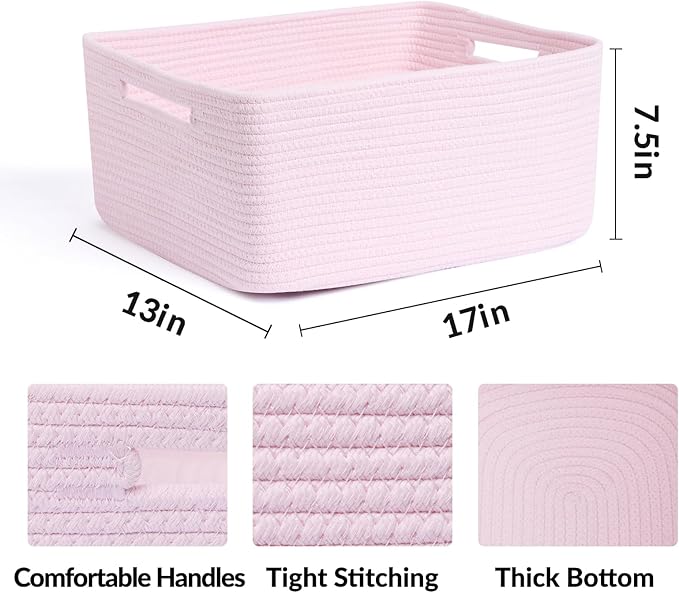 Large Storage Baskets for Organizing, Closet Shelf Baskets for Clothes Blanket Towels, Baby Nursery, Toy Bins Box, Woven Rope Baskets, 17 x 13 x 7.5”, 4 Packs Light Pink