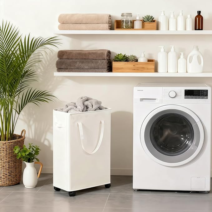 85L Laundry Hamper with Wheels, Lid, Handles & Collapsible, Slim Tall Rolling Laundry Basket for Small Spaces, Foldable Dirty Clothes Organizer for Bedroom, Dorm, Laundry Room, Bathroom,Beige