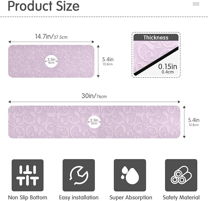 Kitchen Sink Splash Guard 2 PCS 14.7 Inch Sink Faucet Mat Splash Guard for Bathroom Countertop Water Absorbent Foldable Cuttable Soft Washable Floral Vintage Purple