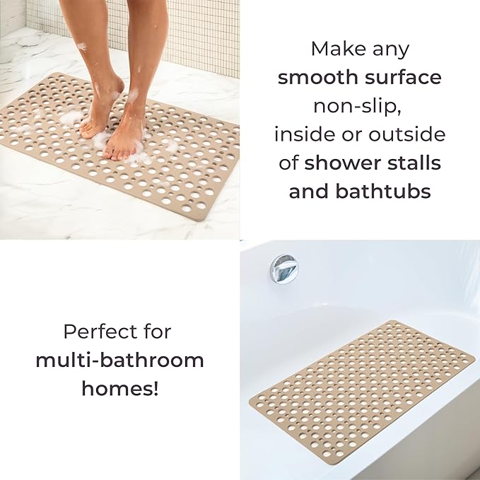 LUMA HOME Non Slip Bathtub Mat and Shower Mat Beige TPE Strong Suction Cups Aesthetic Bath Mat for Inside Shower with Soft Texture, Quick-Dry Drain Holes, Spa-Inspired Design 30x17” (75x43 cm) (2)