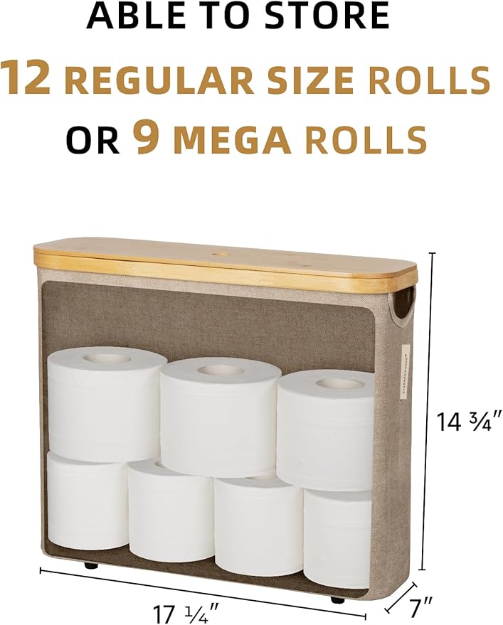 StorageWorks Toilet Paper Storage with Bamboo Lid, Toilet Paper Holder Basket for Up to 9 Mega or 12 Regular Size Rolls, Medium Paper Storage Baskets for Bathroom, Light Khaki, 1 Pack