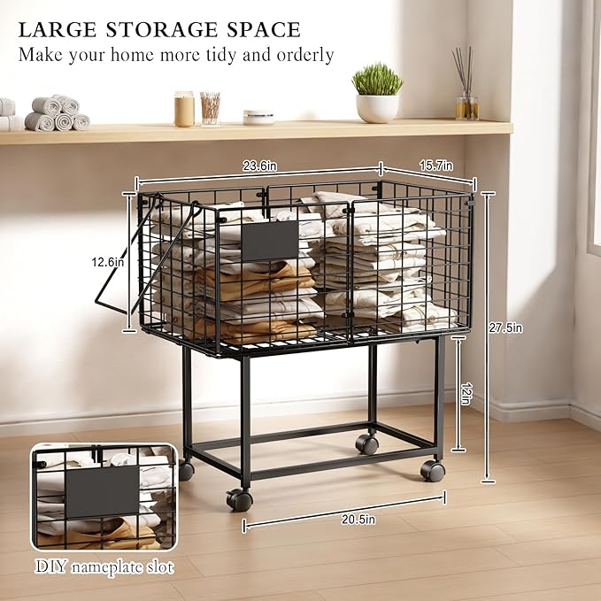 Rolling Laundry Cart, 80L Wire Laundry Hamper Basket on Wheels, Dirty Clothes Basket with Handle, Metal Clothes Hamper Organizer for Laundry Room, Bathroom, Bedroom, Dorm, Black