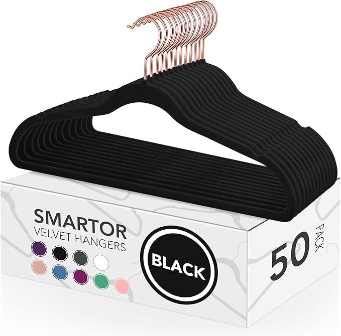 Smartor Velvet Hangers 50 Pack, Black Felt Hangers Non Slip with Rose Gold Hook, Premium Clothes Heavy Duty Velvet Hanger for Adult Coat, Suit, Short, Dress - Black