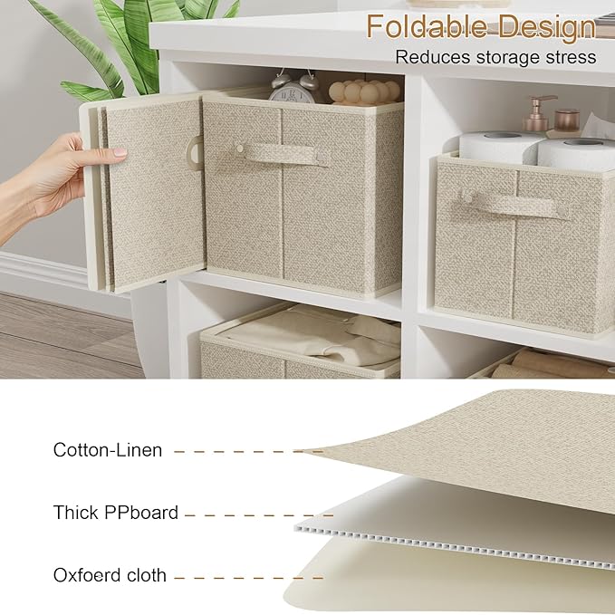 Open Storage Baskets, Collapsible Cube Bins, Fabric Container Organizer with Metal Handles, Boxes for Shelves, Closet, Living Room, 15x9.8x9.8in, Grey and Beige, 4 Pack