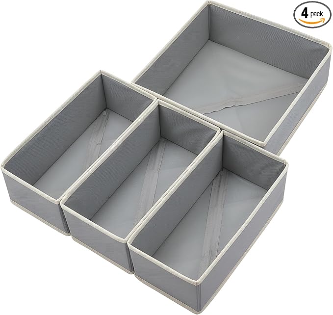 Drawer Organizer Set of 4 Light Grey - Fabric Storage Bins for Clothes, Underwear, Socks & Bras - 11" Dresser Dividers for Bedroom Closet