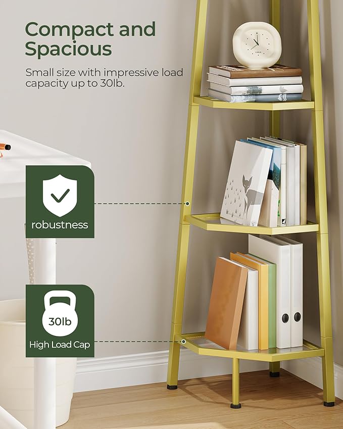 5-Tier Corner Shelf, 59.6” Corner Storage Stand, Floorstanding Dispaly Rack, Tempered Glass Corner Bookshelf, Open Plant Stand, for Living Room, Bedroom, Study, Bathroom, Gold TCJ21GJ