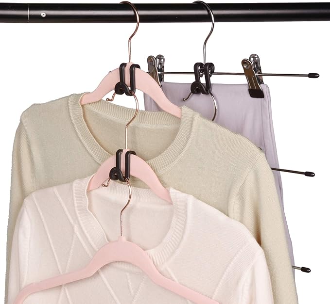 Clothes Hanger Connector Hooks, Outfit Hangers, Hanger Extender Clips, Cascading Hanger Hooks, Velvet Huggable Hangers Accessory, Heavy Duty Space Saving for Closet 60 Pack (Ivory)