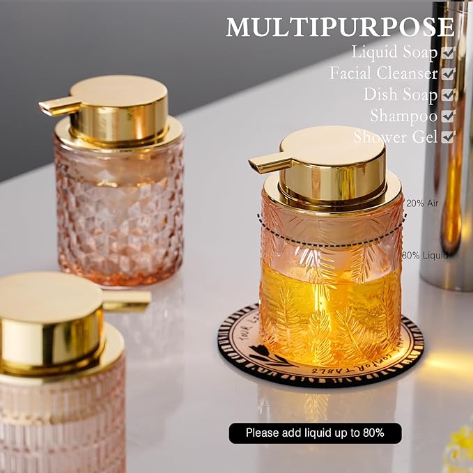 Glass Foam Soap Dispenser for Kitchen & Bathroom - Refillable Lotion Dispenser with Large Gold Pump (Leaf Pattern-Pink)