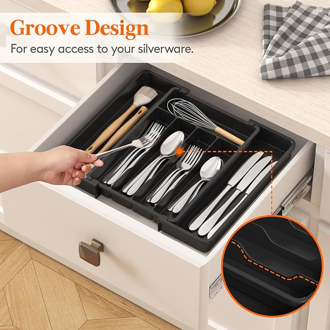 Lifewit Silverware Drawer Organizer, Expandable Utensil Tray for Kitchen, BPA Free Flatware and Cutlery Holder, Adjustable Plastic Storage for Spoons Forks Knives, 8.5-14 x 12", Black