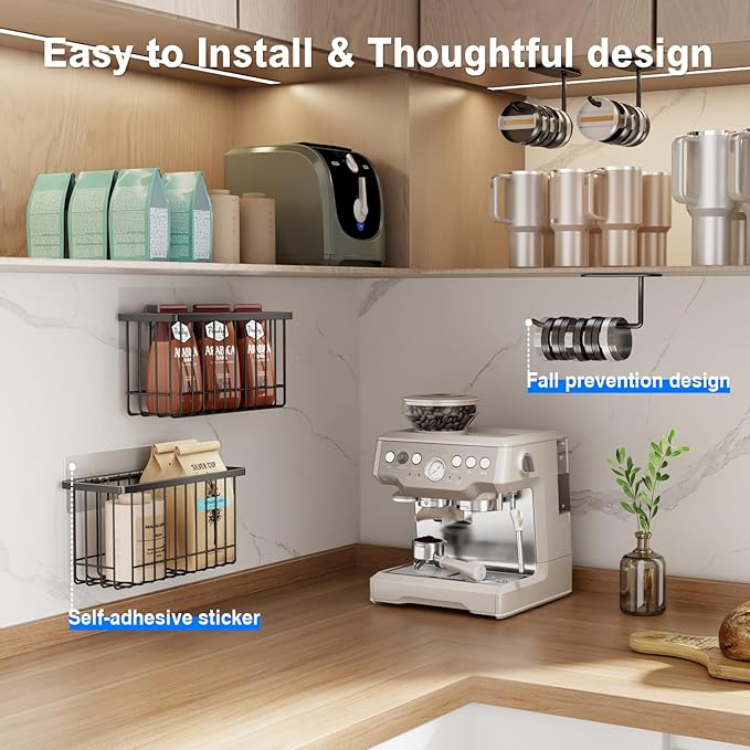 4 Pack Adhesive Cabinet Door Organizer, Lid Organizers Inside Cabinet Food Container/Tumbler Lid Organizer and Storage Cup Lids Holder for Kitchen & Bathroom Wall Mounted(Black)