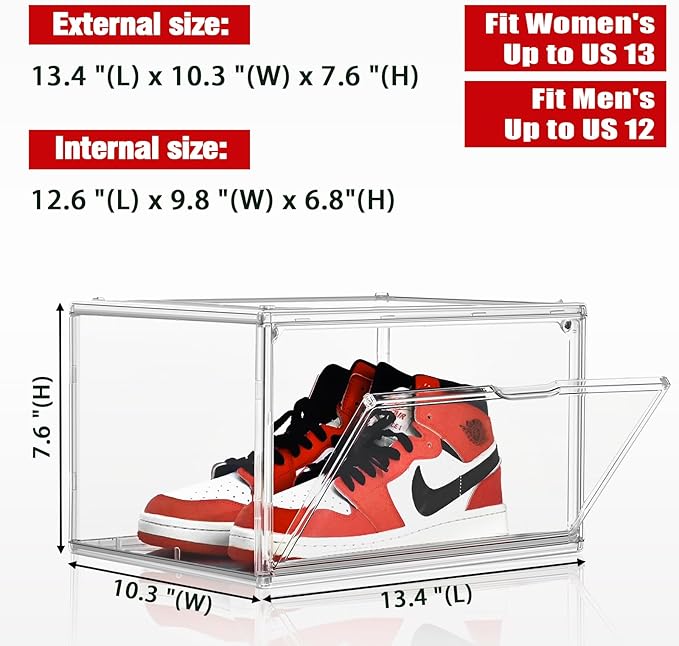 2 Pack Clear Shoe Storage Boxes Stackable Acrylic Shoe Display Case, Large Plastic Shoe Box Sneaker Organizer Purse Organizer with Magnetic Door, Size 12 or 13
