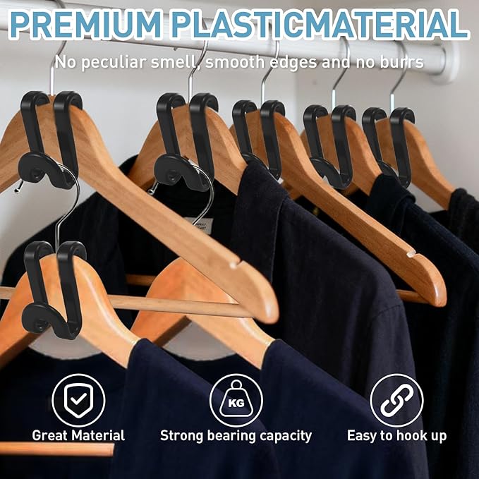 100 PCS Clothes Hanger Connector S Shaped Hooks,Plastic Reusable Space Saving Heavy Duty Hanger Extender Clips for Closet Organizer,Includes 1 Mesh Storage Bag(Black)