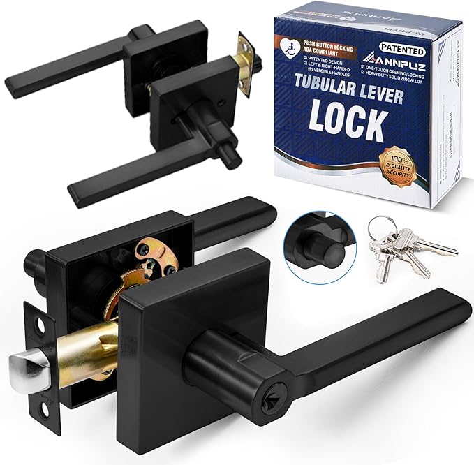 Entry One-Touch Push Button Locking Door Handle Lock with Keys,Non-Handed Opening,Entrance Reversible Left Right Lever for Interior/Exterior Front Door, ADA-Compliant Knob,for Office,Bathroom