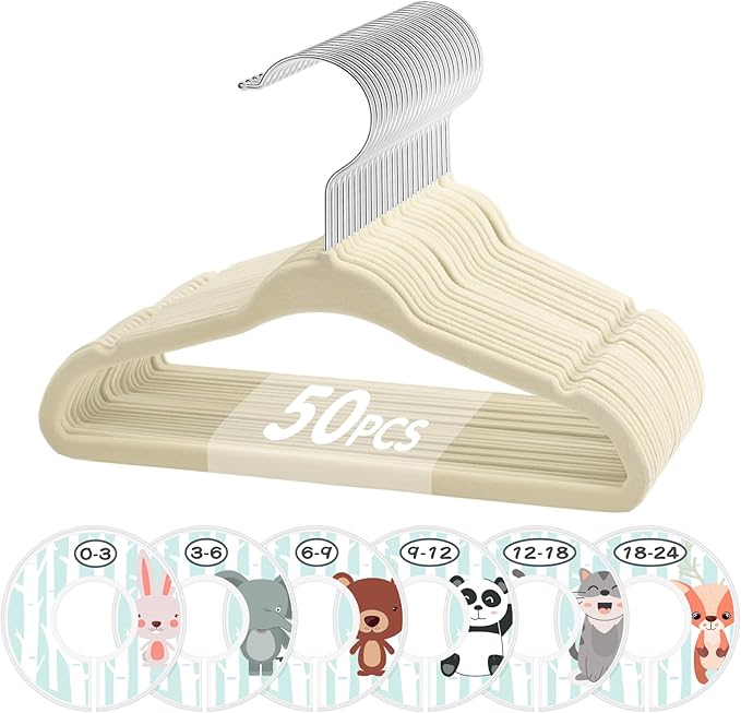 VIS'V Baby Hangers, 11 Inch Velvet Kids Hangers with 6 Pcs Clothes Size Dividers, Infant Toddler Nursery Closet Organization, Non Slip, Beige, 50 Pcs