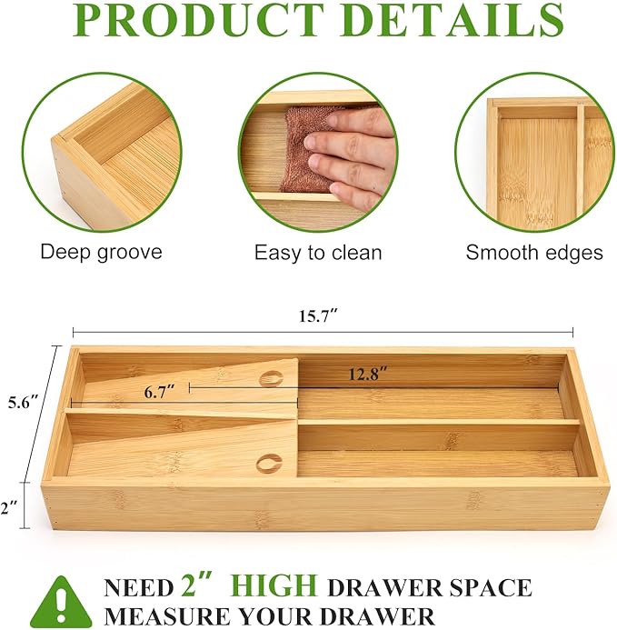 Small Bamboo Silverware Organizer for Drawer Utensil Tray Wood Cutlery Organizer Holder Narrow Flatware Caddy Wooden Kitchen Utensil Cutlery Drawer Skinny Fork and Spoon Silverware Organizer Tray