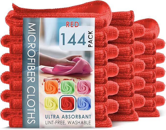 Hearth & Harbor Microfiber Cleaning Cloth,Microfiber Towels for Cars 144 Pack Washcloths,Red Cleaning Rags,Microfiber Cloth Rags for Cleaning,Lint Free Cloth,12''x12'' (V-HH-Cloth-M-144-Red)