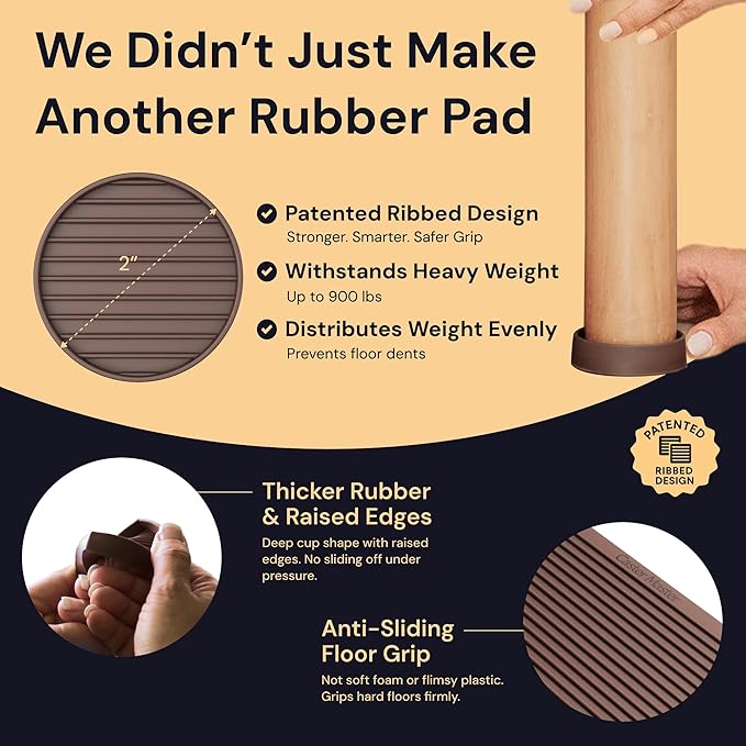 CasterMaster Chair Leg Floor Protectors & Furniture Sliders - 2 Inch, Round Brown, 4 pcs Non Slip Furniture Pads for Hardwood Floors, Noise Reduction Rubber Grippers, Couch Stoppers, Feet Coasters