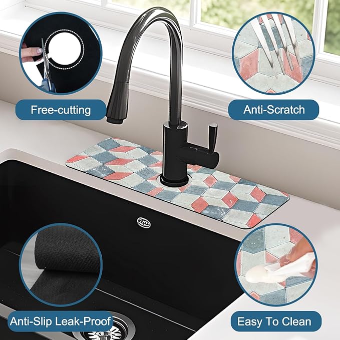 Red Gray Tile Sink Splash Guard Faucet Mat Red White Diamond Super Absorbent Fast Drying Mat Sink Gadgets-Splash Guard Behind Faucet Drip Catcher for Kitchen Bathroom, 15.5"x5.5"