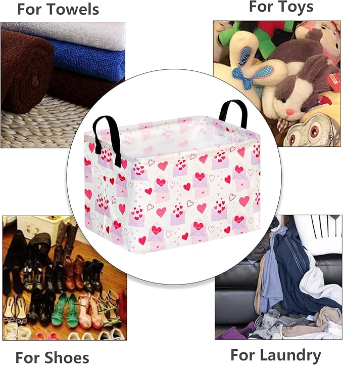 Empty Gift Basket for Girls Heart Print Storage Cube for Women, Closet Shelf Waterproof Organizer Bins with Handles Nursery hamper Kids Toys Books Box Room Deco